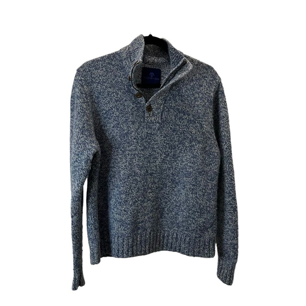 Martin + Osa Blue Knit Wool Blend Sweater Pullover Quarter Zip Button Mens Sz L